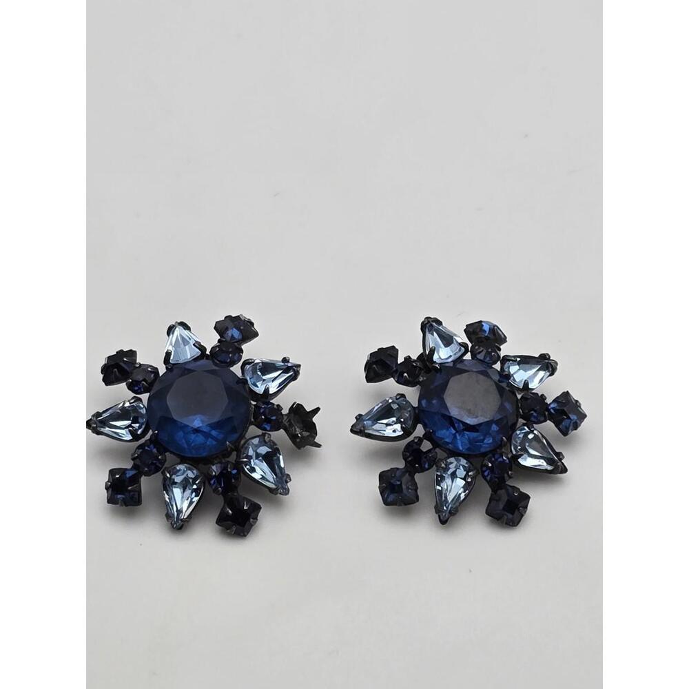 VTG Signed Schreiner NY Sapphire Rhinestone Earrings